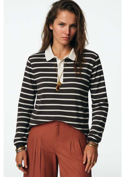 Polo Yaka Çizgili Ribana Bluz