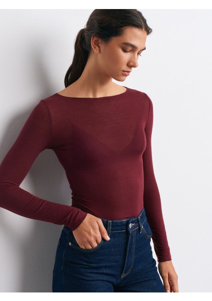 32122 Kayık Yaka Modal Kaşmir Ultra Hafif Bluz-Bordo modelleri