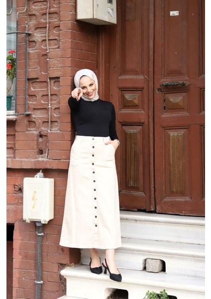 Boydan Düğmeli Gabardin Etek Ekru