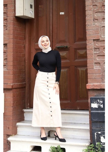 Boydan Düğmeli Gabardin Etek Ekru