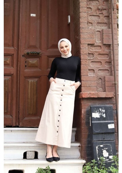 Boydan Düğmeli Gabardin Etek Ekru