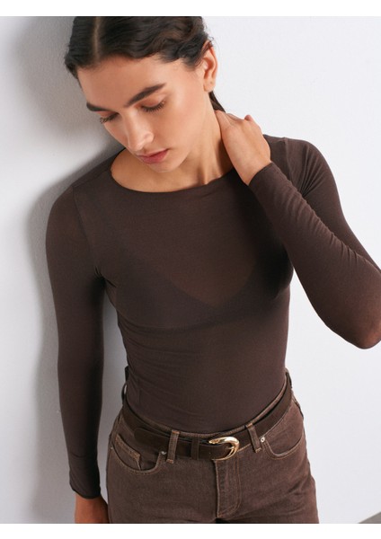 32122 Kayık Yaka Modal Kaşmir Ultra Hafif Bluz-Kahve
