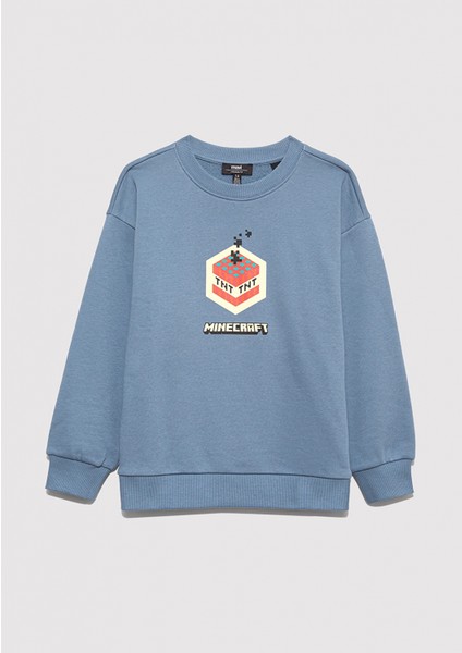 6S10130-85518 Minecraft Baskılı Mavi Sweatshirt