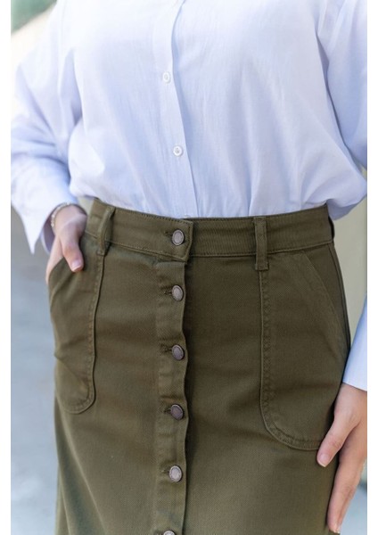 Boydan Düğmeli Gabardin Etek Haki