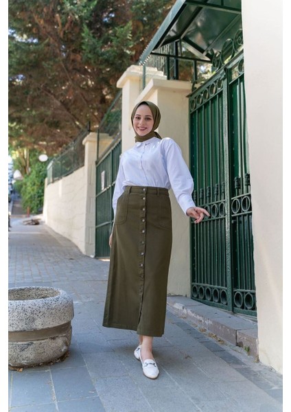 Boydan Düğmeli Gabardin Etek Haki fiyatları