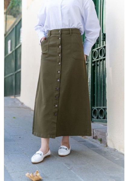 Boydan Düğmeli Gabardin Etek Haki modelleri