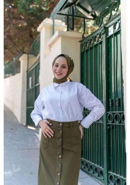 Boydan Düğmeli Gabardin Etek Haki fırsatları