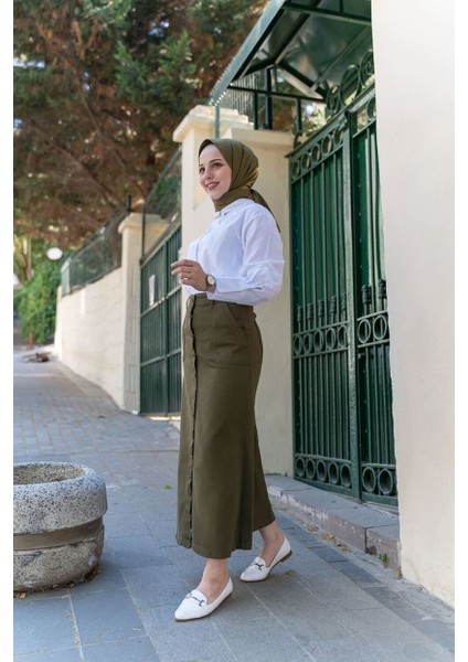 Boydan Düğmeli Gabardin Etek Haki indirimleri