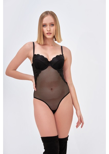 Siyah Fileli Transparan Hafif Destekli Çıtçıtlı Body Sütyen