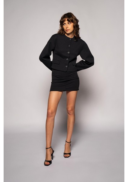 Kadın Lacivert Balon Kol Crop Blazer