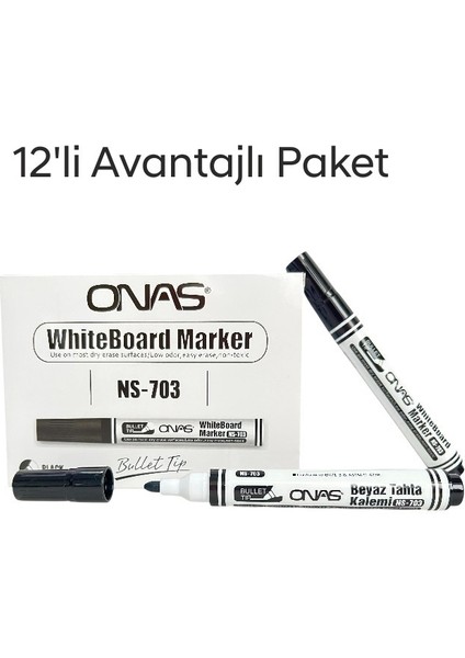 Mikro NS-703 Yuvarlak Uç Beyaz Yazı Tahta Kalemi Siyah 12 Li Set