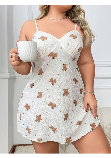 Arias Closet Büyük Beden Ayıcık Desenli Pamuklu Ince Askılı Mini Gecelik