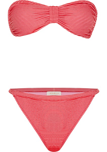 Ince Kırmızı Stripe Straplez Bikini