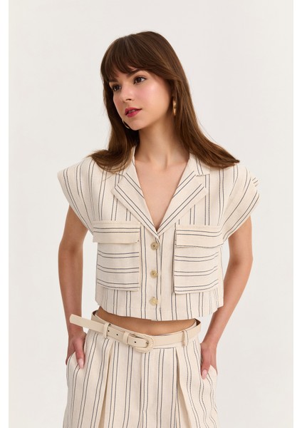 Çizgi Detaylı Büyük Cepli Gömlek Naturel