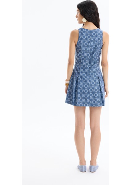 Dama Desenli Halter Yaka Mini Elbise Indigo fırsatları