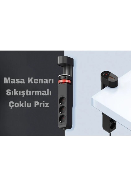 3x Priz 2x USB 1x Type-C Girişli Priz Masa Kenar Sıkıştırmalı Priz Masaüstü Montaj Akım Koruma Prizi modelleri