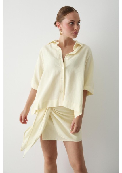 Sarı Bağlama Detaylı Etek Gömlek Takım modelleri