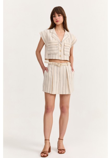 Kemer Detaylı Çizgili Şort Etek Naturel
