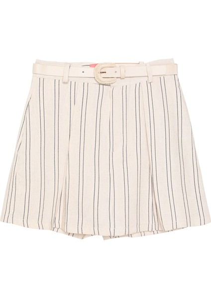 Kemer Detaylı Çizgili Şort Etek Naturel fiyatları