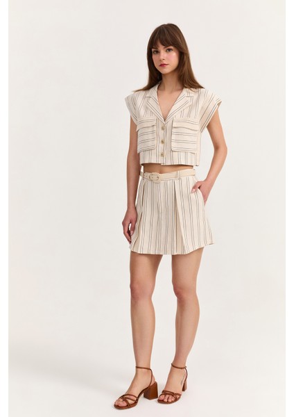 Kemer Detaylı Çizgili Şort Etek Naturel fırsatları