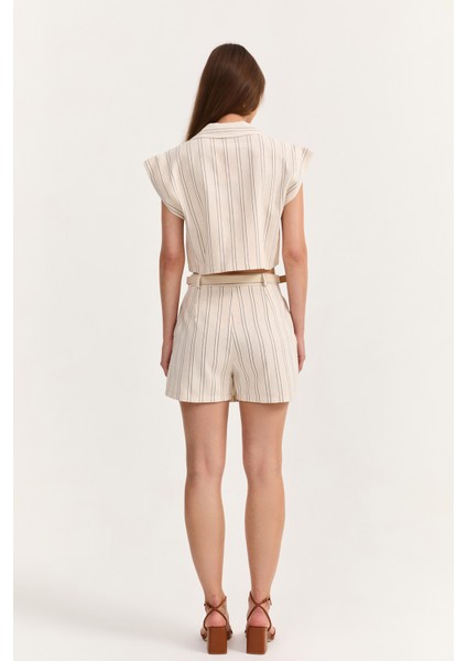 Kemer Detaylı Çizgili Şort Etek Naturel indirimleri