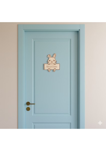 Tavşan Figürlü Ahşap Kapı Süsü 25X25 cm - Çocuk Odası, Kreş, Anaokulu Dekoru
