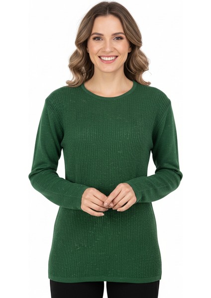 Kadın Kışlık Pamuklu Örme Ince Triko Anne Kazak Yuvarlak Yaka Desenli Uzun Kol Rahat Kesim Tam Kalıp