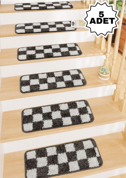 Dama Desenli 5 Adet 25X65 cm Merdiven Halısı Chess Koleksiyonu Merdivenlik