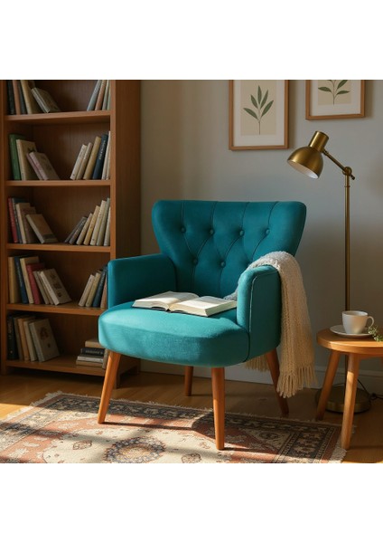 Roma Berjer Modern Tekli Koltuk -Babyface Kumaş - Ahşap Demonte Ayak - Petrol Rengi