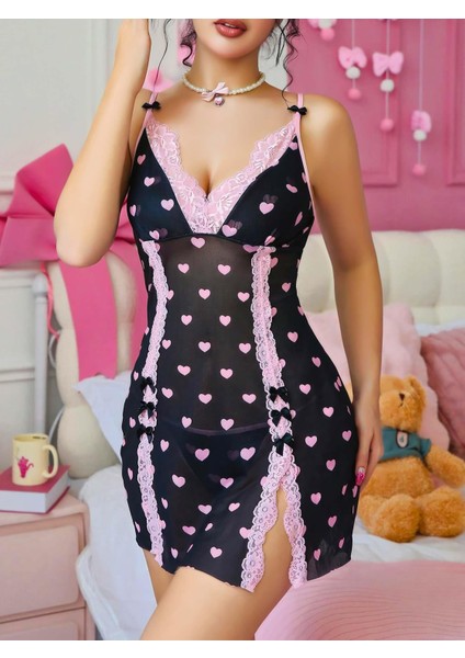Arias Closet Siyah Kalp Desenli Dantel Işlemeli Fantezi Gecelik fiyatları