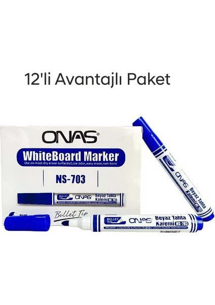 Mikro NS-703 Yuvarlak Uç Beyaz Yazı Tahta Kalemi Mavi 12 Li Set