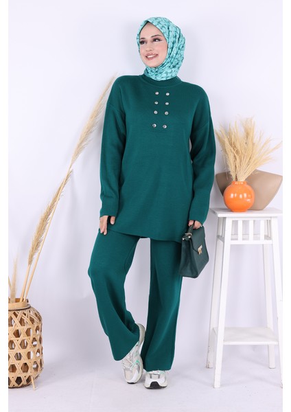 Yarım Balıkçı Önü Düğme Detaylı Takım 1630 Zümrüt