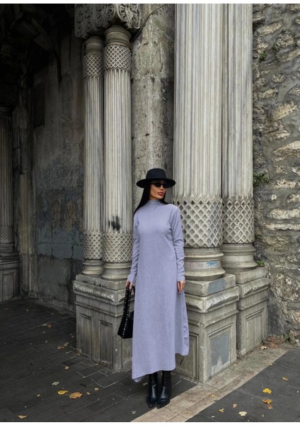 Boğazlı Kalın Bürümcük Uzun Elbise Gri