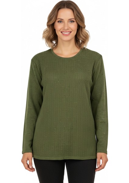 Kadın Kışlık Pamuklu Örme Ince Triko Anne Kazak Yuvarlak Yaka Desenli Uzun Kol Rahat Kesim Tam Kalıp fiyatları