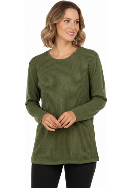 Kadın Kışlık Pamuklu Örme Ince Triko Anne Kazak Yuvarlak Yaka Desenli Uzun Kol Rahat Kesim Tam Kalıp fırsatları