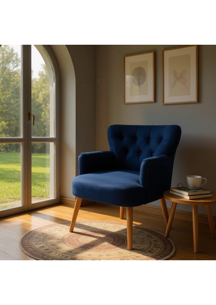 Roma Berjer Modern Tekli Koltuk -Babyface Kumaş - Ahşap Demonte Ayak - Lacivert Renk