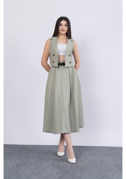 Midi Boy Kemerli Cepli Etek ve Ceket Yaka Astarlı Yelekli Takım 1156