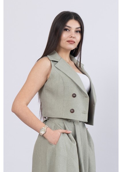 Midi Boy Kemerli Cepli Etek ve Ceket Yaka Astarlı Yelekli Takım 1156 fiyatları