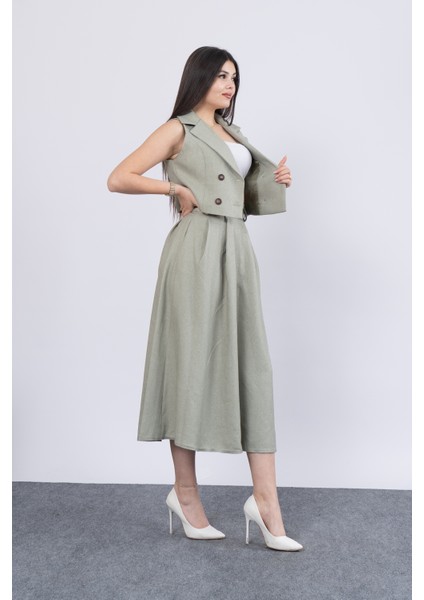 Midi Boy Kemerli Cepli Etek ve Ceket Yaka Astarlı Yelekli Takım 1156 modelleri
