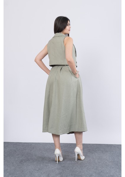 Midi Boy Kemerli Cepli Etek ve Ceket Yaka Astarlı Yelekli Takım 1156 fırsatları