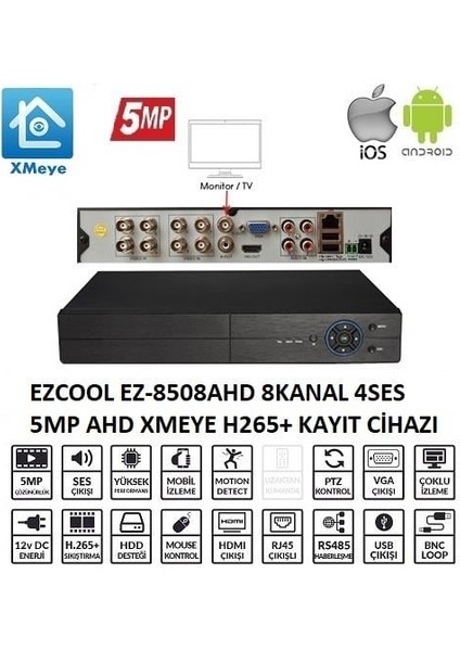 EZ-8508AHD 8 Kanal 5MP 4ses 1hdd Xmeye XVR