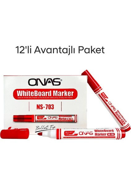 Mikro NS-703 Yuvarlak Uç Beyaz Yazı Tahta Kalemi Kırmızı 5 Lı Set