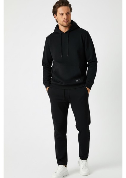 Siyah Regular Fit Kapüşonlu Cepli Sweatshirt Düz Paça Erkek Eşofman Takımı