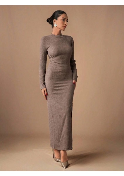 Yırtmaçlı Kalın Bürümcük Uzun Elbise Vizon fiyatları