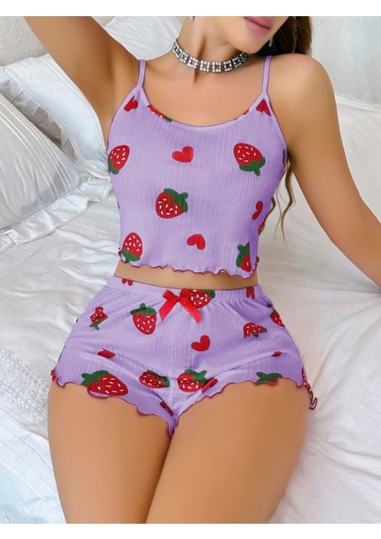 Arias Closet Pamuklu Lila Üstüne Çilek Desen Fitilli Askılı Şortlu Pijama Takımı