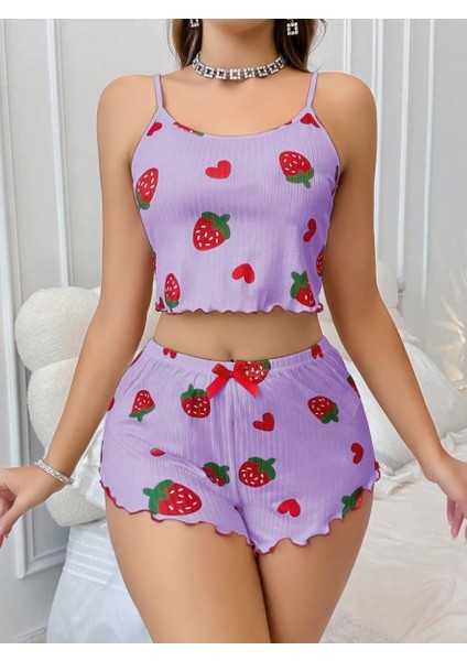 Arias Closet Pamuklu Lila Üstüne Çilek Desen Fitilli Askılı Şortlu Pijama Takımı fiyatları