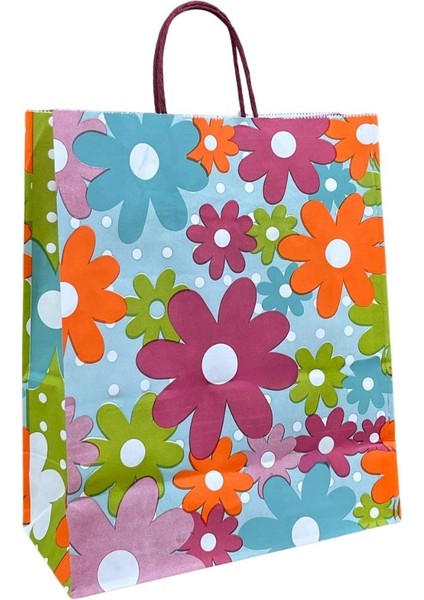 Çiçek Desenli Burgu Saplı Kraft Çanta 25X31X12CM 25 Adet