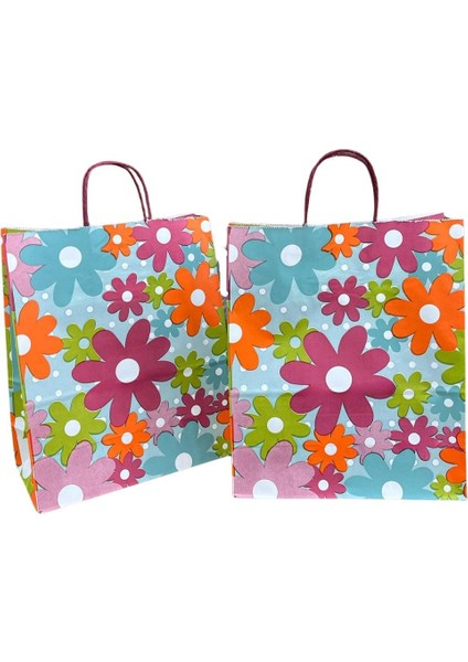 Çiçek Desenli Burgu Saplı Kraft Çanta 25X31X12CM 25 Adet fiyatları