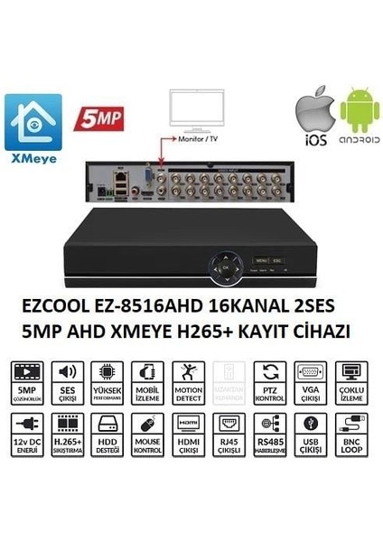 EZ-8516AHD 16KANAL 2ses 5mp 1hdd Xmeye Xvr