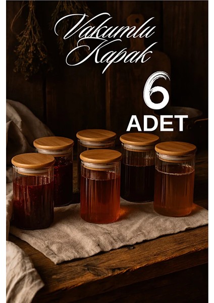 6'lı Çizgili Cam Baharatlık Seti – Hava Geçirmez Bambu Vakum Kapaklı Kavanoz Seti 850 ml